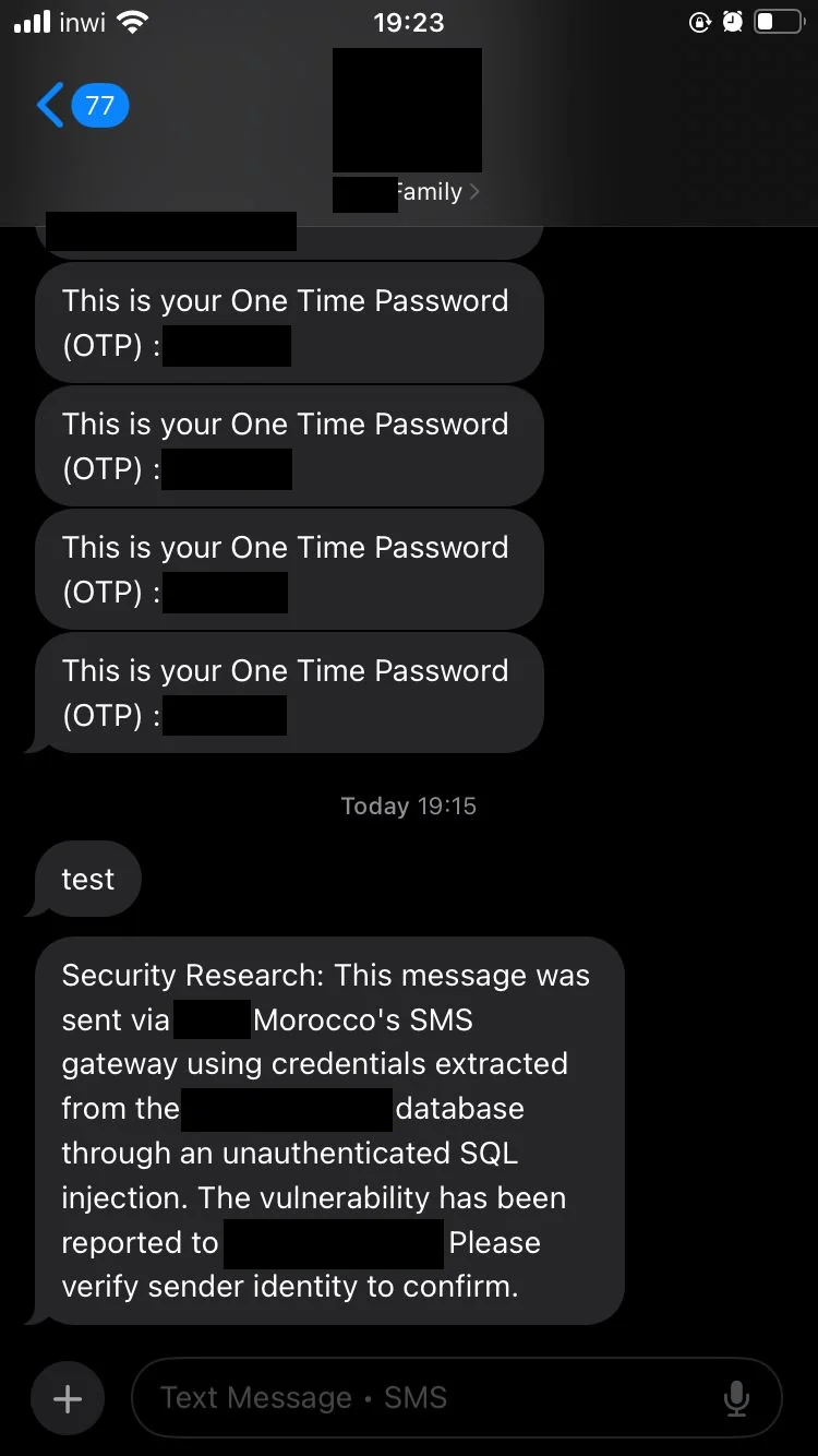 Redacted phone screenshot showing OTP messages and a controlled SMS gateway confirmation