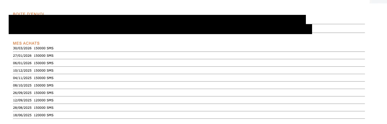 Redacted SMS gateway dashboard with message records and purchase history